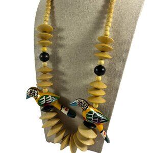 Wood Beaded Necklace Painted Birds Pale Yellow Black Tropical Party Statement